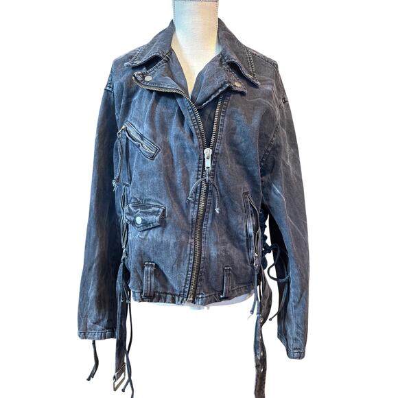 Free People Black Denim Rebel Moto Style Jacket Corset Sides XS - Picture 4 of 9
